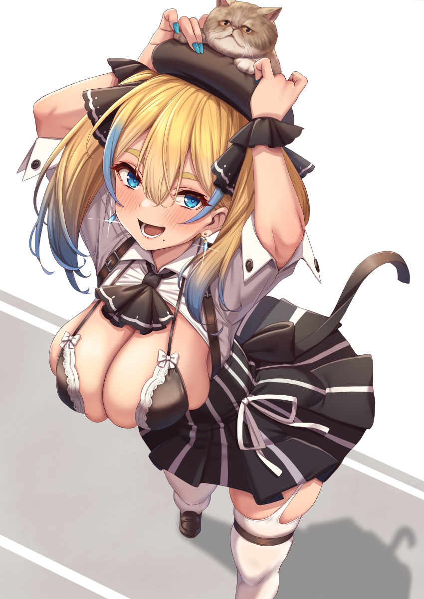 1girl absurdres bikini blonde_hair blue_eyes blue_hair blush bow breasts cat commentary_request earrings hair_between_eyes hat highlights highres jewelry kent0320 large_breasts looking_at_viewer mole mole_under_mouth multicolored_hair open_mouth original skirt solo standing swimsuit teeth thigh_strap thighhighs tongue twintails two-tone_hair