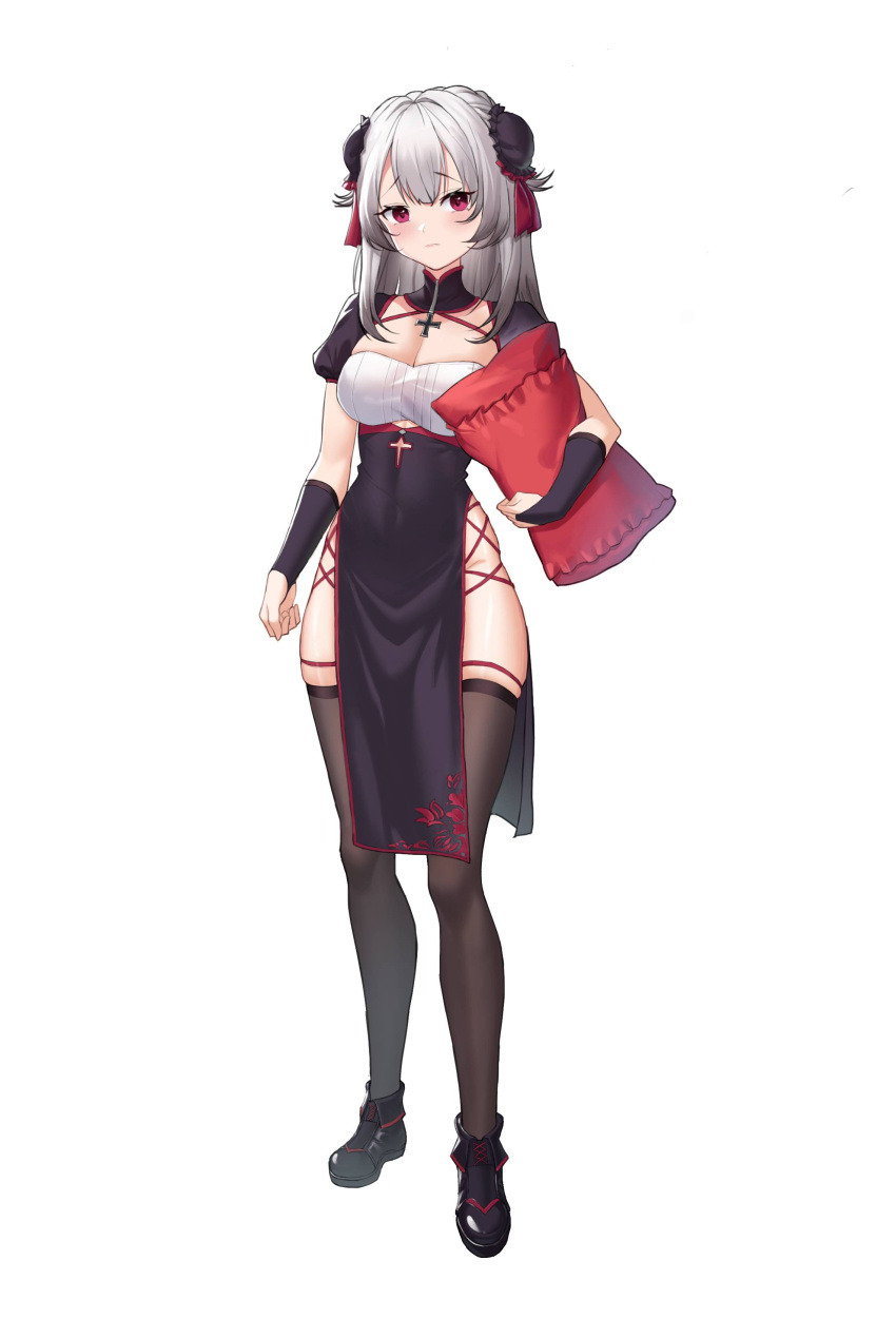 1girl absurdres azur_lane bangs black_dress black_footwear black_legwear breasts bun_cover cleavage commentary_request double_bun dress full_body highres holding holding_pillow long_hair looking_at_viewer medium_breasts official_alternate_costume pillow puffy_short_sleeves puffy_sleeves red_eyes shoes short_sleeves silver_hair simple_background solo standing thighhighs thighs u-410_(azur_lane) u-410_(spring_festival_scheme)_(azur_lane) white_background zest_(watts99)