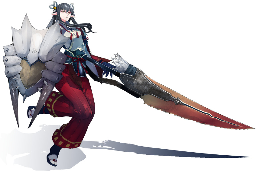 1girl bangs black_hair breasts fewer_digits hair_ornament highres ikurauni japanese_clothes large_breasts long_hair minoto monster_hunter_(series) monster_hunter_rise pointy_ears shield solo sword tabi weapon yellow_eyes