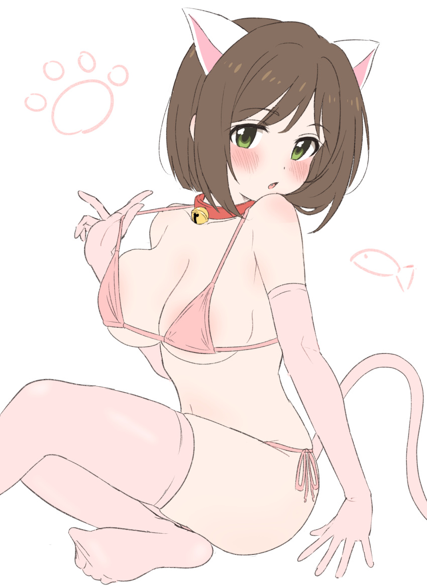 1girl absurdres animal_ears bell bikini blush breasts brown_hair cat_ears cat_tail collar elbow_gloves eyebrows_visible_through_hair fake_animal_ears fake_tail gloves green_eyes highres idolmaster idolmaster_cinderella_girls maekawa_miku medium_breasts neck_bell pink_gloves pink_legwear red_collar short_hair simple_background sincos sitting solo swimsuit tail thighhighs white_background