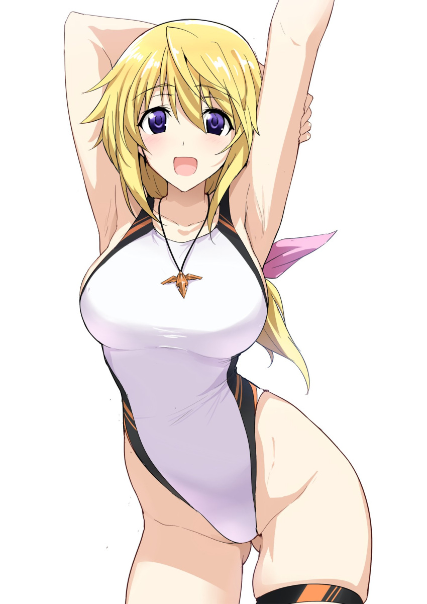 1girl arms_up ass_visible_through_thighs blonde_hair blush breasts charlotte_dunois competition_swimsuit halcon highleg highleg_swimsuit highres infinite_stratos jewelry long_hair looking_at_viewer medium_breasts multicolored multicolored_clothes multicolored_swimsuit one-piece_swimsuit pendant purple_eyes shiny shiny_hair shiny_skin simple_background smile solo standing swimsuit two-tone_swimsuit white_background white_swimsuit