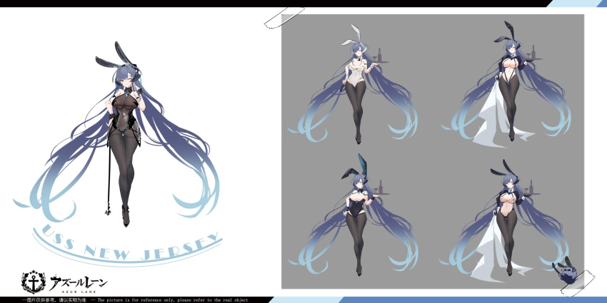 1girl absurdly_long_hair animal_ears azur_lane blue_eyes blue_hair bodystocking breasts bunny_ears closed_eyes concept_art fake_animal_ears full_body high_heels highres large_breasts legs leotard long_hair meme_attire multiple_views new_jersey_(azur_lane) new_jersey_(exhilarating_steps!)_(azur_lane) official_alternate_costume official_art one_eye_closed pantyhose playboy_bunny reverse_bunnysuit reverse_outfit see-through sketch thighs variations very_long_hair yyy_(zelda10010)