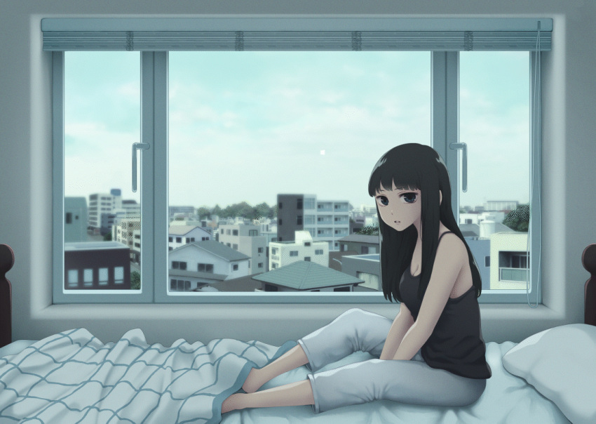 1girl animated animated_gif aqua_sky bangs black_eyes black_hair black_tank_top blinds building check_commentary cloud cloudy_sky commentary_request full_body huge_filesize indoors long_hair looping_animation original pants pillow sitting sky solo tank_top white_pants window yajirushi_(chanoma)