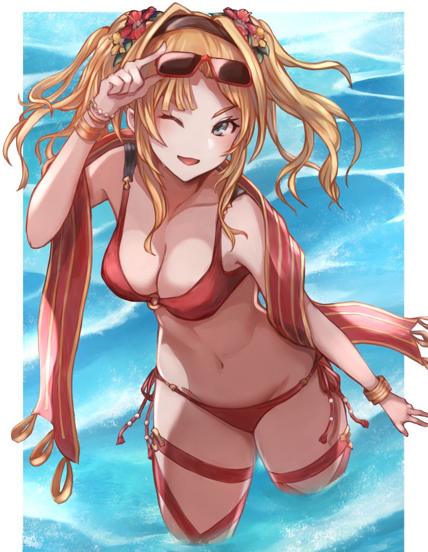 1girl absurdres bikini blonde_hair blue_eyes blush braid breasts cleavage granblue_fantasy hair_intakes hair_ornament hairband highres large_breasts long_hair looking_at_viewer navel smile solo sunglasses swimsuit tsyn twintails zeta_(granblue_fantasy)