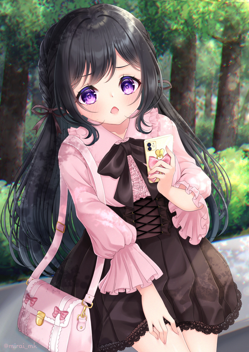 1girl bag bangs black_bow black_hair black_skirt blurry blurry_background blush bow braid brown_ribbon cellphone center_frills chestnut_mouth collared_shirt commentary_request day depth_of_field eyebrows_visible_through_hair frills hair_ribbon hedge_(plant) highres holding holding_phone lace-trimmed_skirt lace_trim long_hair long_sleeves looking_at_viewer mirai_(happy-floral) open_mouth original outdoors phone pink_shirt pleated_skirt puffy_long_sleeves puffy_sleeves purple_eyes ribbon shirt shoulder_bag skirt solo tree very_long_hair