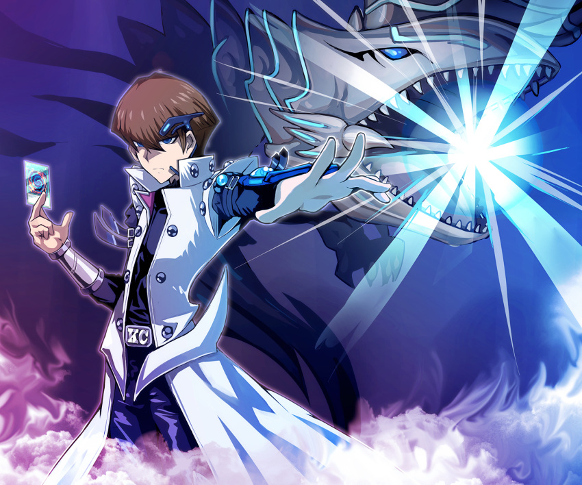 1boy bangs black_pants blue-eyes_alternative_white_dragon blue_eyes brown_hair card closed_mouth coat cowboy_shot dragon duel_disk duel_monster energy hair_between_eyes highres holding holding_card kaiba_seto male_focus open_mouth pants polymerization powering_up sharp_teeth short_hair tamagokake_candy teeth white_coat yu-gi-oh! yu-gi-oh!_duel_monsters yu-gi-oh!_the_dark_side_of_dimensions