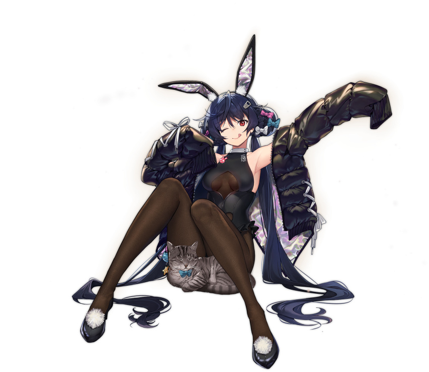 1girl ;q allen_m._sumner_(azur_lane) allen_m._sumner_(charming_rabbit)_(azur_lane) animal animal_ears armpits arms_up ass azur_lane bare_shoulders black_footwear black_hair black_jacket black_leotard braid braided_bun breasts brown_legwear bunny_ears cat closed_mouth clothing_cutout double_bun fake_animal_ears highres jacket knees_up leotard long_hair long_sleeves looking_at_viewer medium_breasts nagu off_shoulder official_art on_floor one_eye_closed open_clothes open_jacket pantyhose playboy_bunny shoes sitting smile solo tongue tongue_out transparent_background twintails underboob_cutout very_long_hair