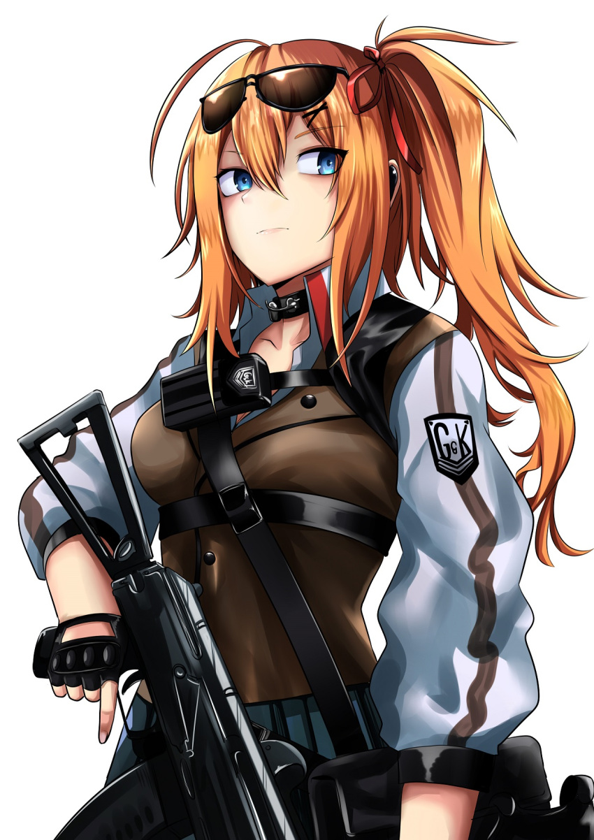 1girl bangs blue_eyes breasts closed_mouth cowboy_shot expressionless eyebrows_visible_through_hair eyewear_on_head girls_frontline grifon_&amp;_kryuger gun hair_between_eyes hair_ornament hair_ribbon highres holding holding_gun holding_weapon kalina_(girls_frontline) long_hair looking_at_viewer official_alternate_costume orange_hair pleated_skirt red_ribbon rei0 ribbon shirt side_ponytail simple_background skirt solo sunglasses weapon white_background