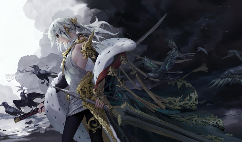 1girl artist_name bird black_bird breasts capelet carciphona cloud cowboy_shot english_commentary gold gold_hairband green_eyes hair_ornament highres holding holding_sword holding_weapon long_hair multiple_swords photoshop_(medium) ponytail shilin sideboob solo sword veloce_visrin watermark weapon web_address white_hair