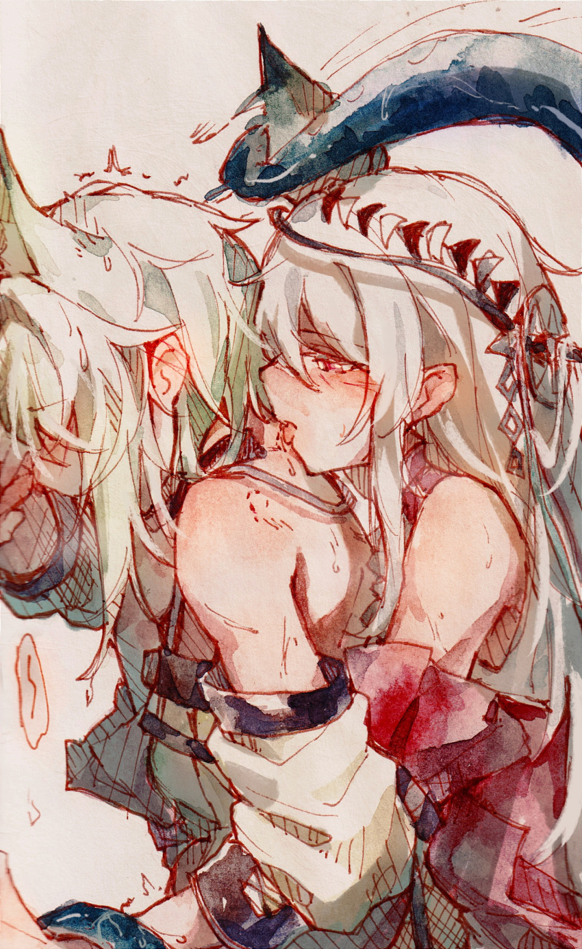 2girls absurdres animal_ears arknights bare_shoulders bite_mark blush cat_ears chinese_commentary commentary_request from_side green_hair highres kal'tsit_(arknights) licking long_hair moyu_marginal multiple_girls profile red_eyes skadi_(arknights) skadi_the_corrupting_heart_(arknights) sketch sweat tentacles tongue tongue_out upper_body white_hair yuri