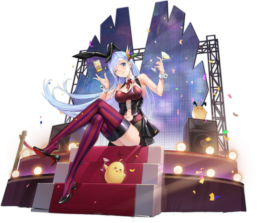 1girl animal_ears azur_lane bare_shoulders black_footwear black_hair blue_eyes blue_hair bow bowtie breasts bunny_ears clothing_cutout cocktail_glass cup detached_collar drinking_glass fake_animal_ears from_below full_body high_heels highres holding holding_cup large_breasts leotard long_hair looking_at_viewer manjuu_(azur_lane) navel_cutout official_alternate_costume official_art one_eye_closed playboy_bunny purple_legwear red_legwear red_neckwear shoes sitting solo speaker stage stage_lights strapless strapless_leotard striped striped_legwear thighhighs ticonderoga_(azur_lane) ticonderoga_(show_stopper!)_(azur_lane) tomohiro_kai transparent_background two-tone_legwear very_long_hair wrist_cuffs