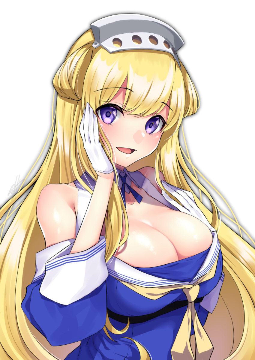 1girl blonde_hair blue_neckwear blue_shirt breasts chikage_(blackclownery) cleavage collarbone double_bun eyebrows_visible_through_hair fletcher_(kancolle) gloves hair_ornament hairband hand_on_own_face highres kantai_collection large_breasts long_hair looking_at_viewer neckerchief off_shoulder one-hour_drawing_challenge open_mouth purple_eyes sailor_collar school_uniform serafuku shirt signature smile solo star_(symbol) star_hair_ornament upper_body white_background white_gloves white_sailor_collar yellow_neckwear