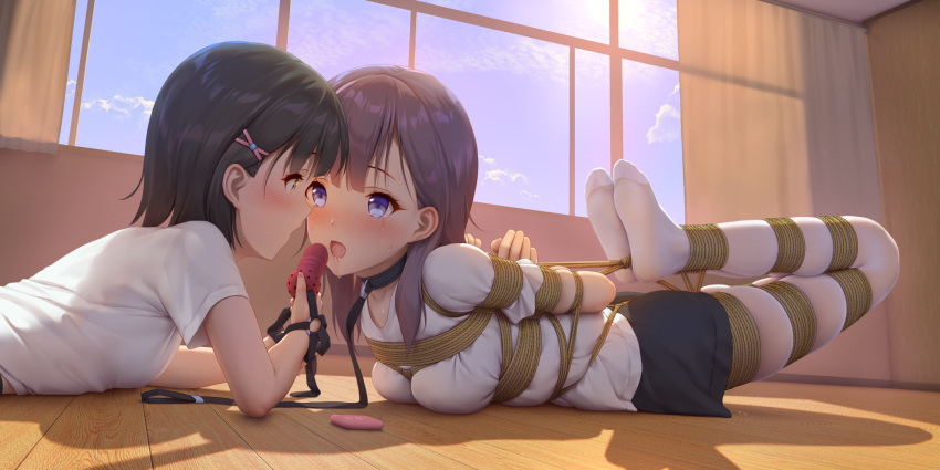2girls arms_behind_back ball_gag black_hair black_skirt blue_eyes blue_sky blush bound bound_arms bound_legs breast_bondage breasts brown_eyes collar commentary_request curtains day eye_contact feet full_body gag hair_ornament hairclip highres himitsu_(hi_mi_tsu_2) hogtie holding holding_gag indoors leash legs long_hair looking_at_another lying medium_breasts miniskirt multiple_girls no_shoes on_floor on_stomach open_mouth original pantyhose purple_hair saliva shibari shibari_over_clothes shirt short_hair short_sleeves skindentation skirt sky small_breasts soles sunlight the_pose white_legwear white_shirt window wooden_floor x_hair_ornament
