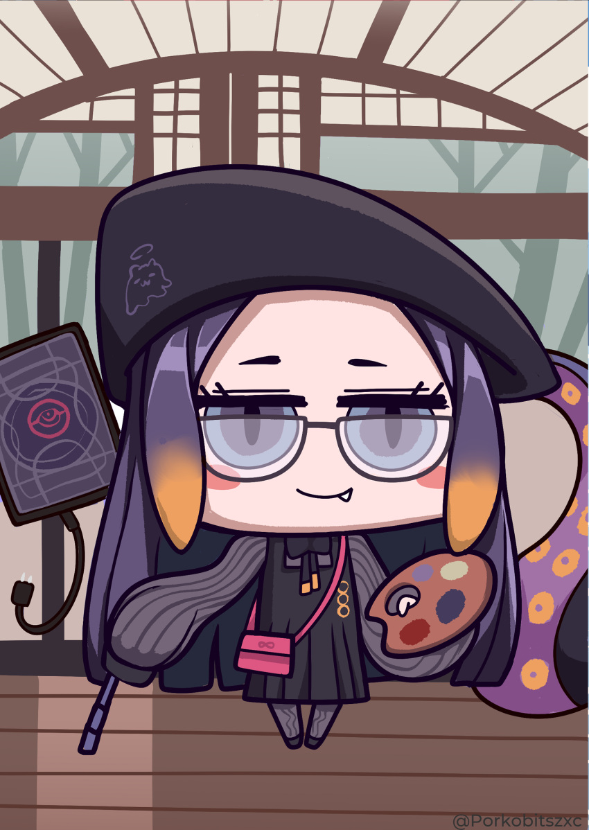 1girl absurdres ao-chan_(ninomae_ina'nis) beret blue_eyes chibi fang fang_out full_body glasses hat highres holding holding_palette hololive hololive_english looking_at_viewer ninomae_ina'nis official_alternate_costume palette porko purple_hair riyo_(lyomsnpmp)_(style) solo tako_(ninomae_ina'nis) tentacles twitter_username virtual_youtuber