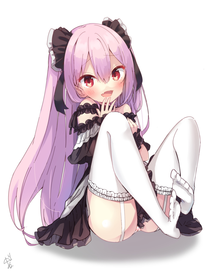 1girl :d amagasa_nadame bangs bare_shoulders black_dress blush commentary_request dress eyebrows_visible_through_hair fang frilled_dress frilled_legwear frills full_body garter_straps hair_between_eyes hand_to_own_mouth hand_up highres hololive knees_up legs long_hair looking_at_viewer no_shoes off-shoulder_dress off_shoulder open_mouth panties pink_hair red_eyes shadow signature smile soles solo striped striped_panties thighhighs thighs two_side_up underwear uruha_rushia very_long_hair virtual_youtuber white_background white_legwear