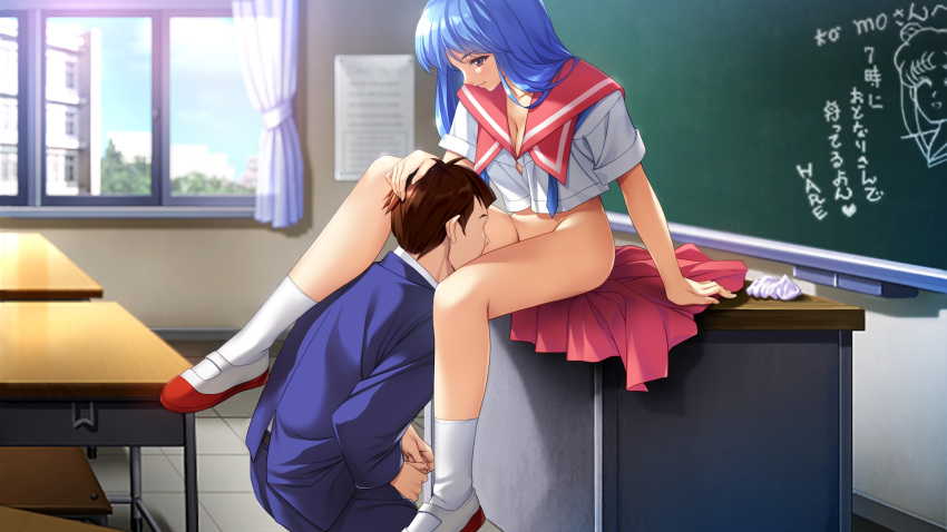 1boy 1girl blue_hair blue_jacket blue_pants bottomless breasts brown_eyes chalkboard character_request classroom cleavage collarbone collared_shirt desk doukyuusei game_cg hand_on_another's_head hetero highres imminent_cunnilingus indoors jacket long_hair looking_down medium_breasts official_art on_desk pants pink_sailor_collar pink_skirt pleated_skirt sailor_collar sailor_shirt school_uniform shiny shiny_hair shirt shoes short_sleeves sitting sitting_on_desk skirt skirt_removed sumeragi_kohaku uwabaki white_legwear white_shirt