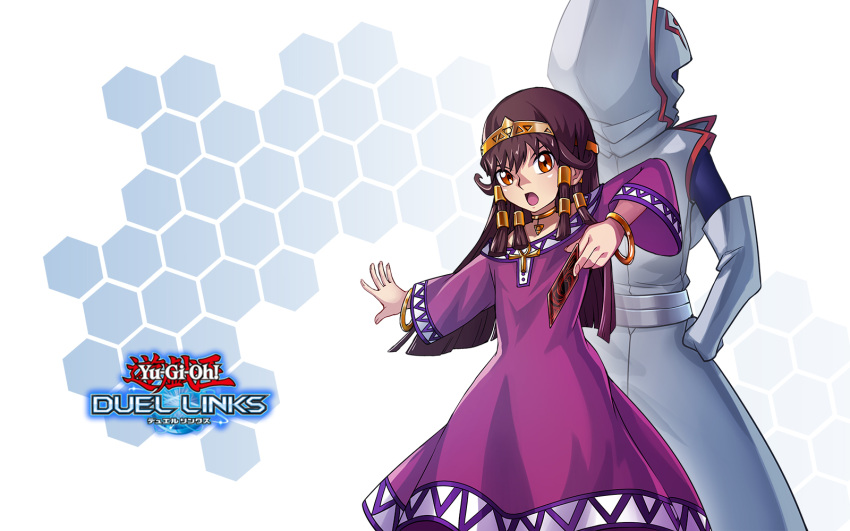 2girls ankh bangs bracelet brown_eyes card choker copyright_name dress dual_persona egyptian_clothes hair_tubes hexagon highres holding holding_card jewelry long_sleeves multiple_girls off-shoulder_dress off_shoulder prana_(yu-gi-oh!) purple_dress sera_(yu-gi-oh!) tamagokake_candy wide_sleeves yu-gi-oh! yu-gi-oh!_duel_links yu-gi-oh!_the_dark_side_of_dimensions