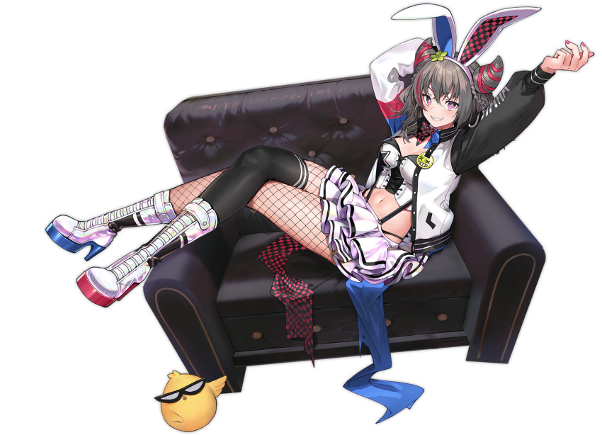 1girl animal_ears armpits arms_up artist_request azur_lane bare_arms bare_shoulders bird black_legwear boots bow bowtie breasts bright_pupils bunny_ears chair chick cleavage crop_top detached_collar fake_animal_ears fishnet_legwear fishnets grey_hair grin hair_horns hairband highres jacket knee_boots large_breasts long_hair looking_at_viewer manjuu_(azur_lane) midriff miniskirt multicolored_hair nail_polish navel official_art open_clothes open_jacket pantyhose pink_eyes reclining revealing_clothes san_francisco_(azur_lane) san_francisco_(funny_bunny!)_(azur_lane) shirt single_thighhigh sitting_sideways skirt sleeveless sleeveless_shirt smile solo stomach strapless_shirt streaked_hair suspenders thighhighs transparent_background white_footwear white_shirt white_skirt wrist_cuffs
