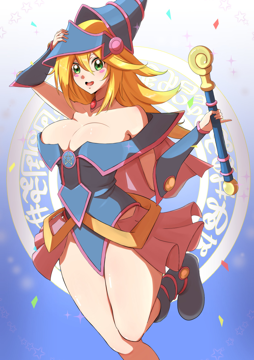 1girl absurdres arm_up bare_shoulders blonde_hair blue_footwear blue_headwear blush_stickers boots breasts cleavage dark_magical_circle dark_magician_girl duel_monster green_eyes hair_between_eyes hand_on_headwear hand_up hat highres holding holding_wand large_breasts leg_up long_hair off_shoulder open_mouth pentacle smile solo wand wizard_hat yone-chan_(kuwm5222) yu-gi-oh! yu-gi-oh!_duel_monsters