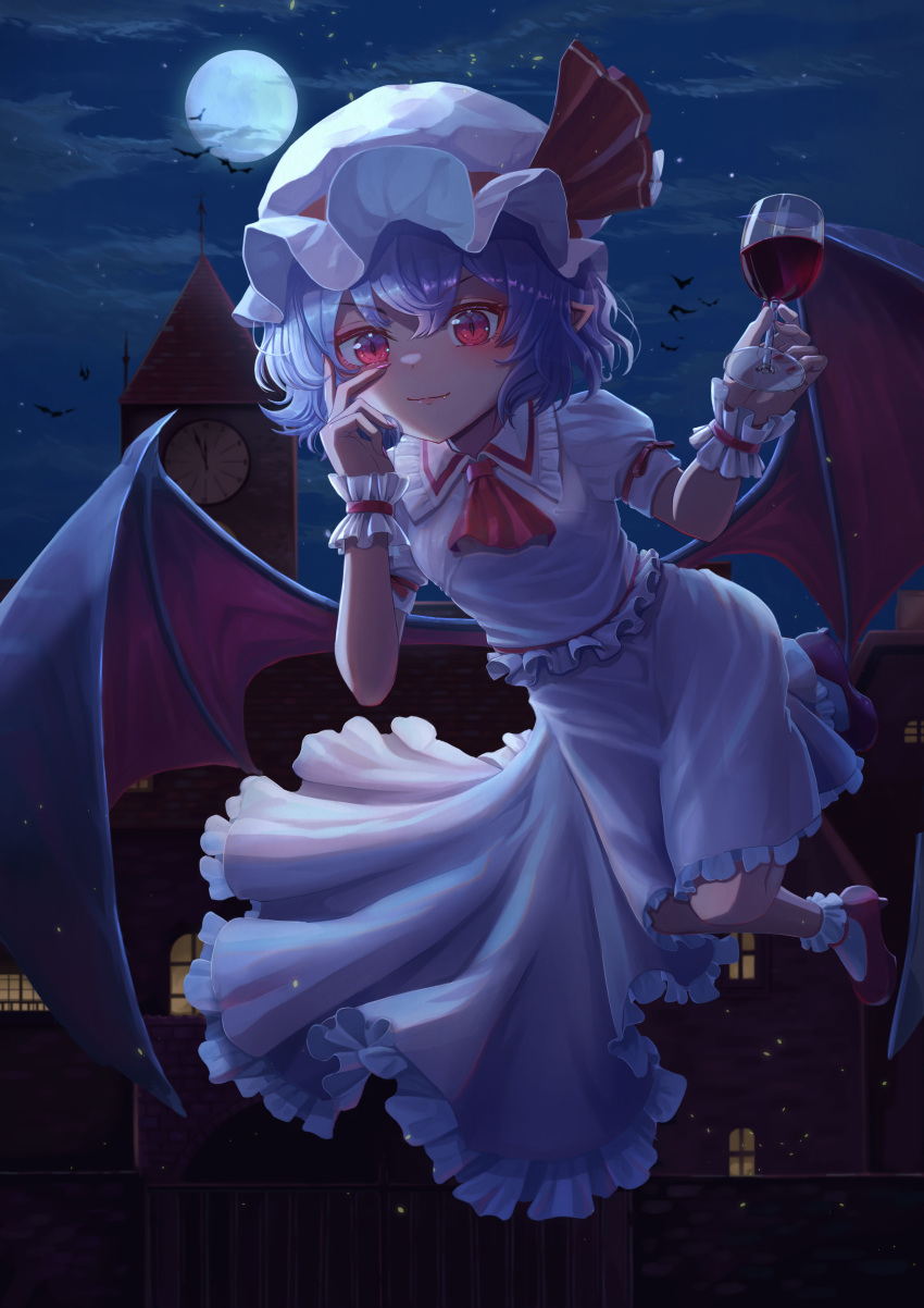 1girl absurdres alcohol ascot bangs bat bat_wings blue_hair bobby_socks breasts closed_mouth commentary_request cup dress drinking_glass eyebrows_visible_through_hair flying frilled_shirt_collar frills full_moon hair_between_eyes hand_on_own_face hands_up hat highres holding holding_cup light_smile looking_at_viewer mob_cap moon night night_sky outdoors red_ascot red_eyes red_footwear remilia_scarlet scarlet_devil_mansion short_hair sky small_breasts socks solo touhou tyasuzu white_dress wine wine_glass wings wrist_cuffs