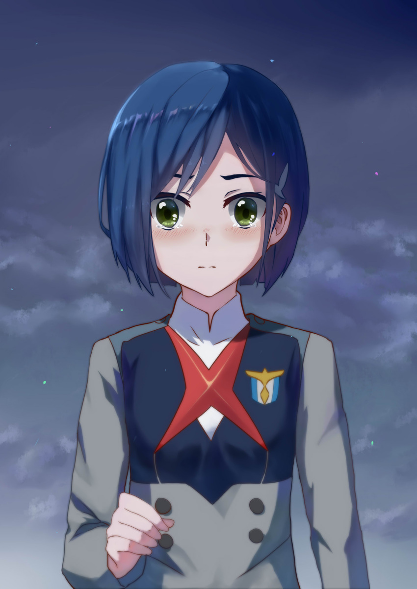 1girl bangs blue_hair blush buttons closed_mouth cloud collared_shirt commentary darling_in_the_franxx eyebrows_behind_hair green_eyes hair_ornament hairclip hand_up highres ichigo_(darling_in_the_franxx) long_sleeves looking_at_viewer military military_uniform necktie night onka_yuu red_neckwear school_uniform shirt short_hair solo tearing_up uniform upper_body white_shirt