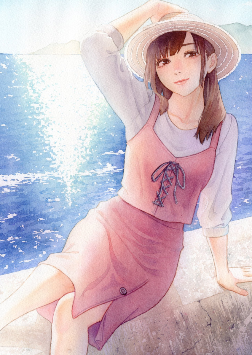 1girl arm_up backlighting brown_eyes brown_hair closed_mouth hair_over_shoulder hand_on_own_head hat highres lips long_hair looking_at_viewer makki_(tobaccos) ocean original outdoors reflection shirt sitting skirt sky sleeves_past_elbows smile solo sun_hat traditional_media vest water