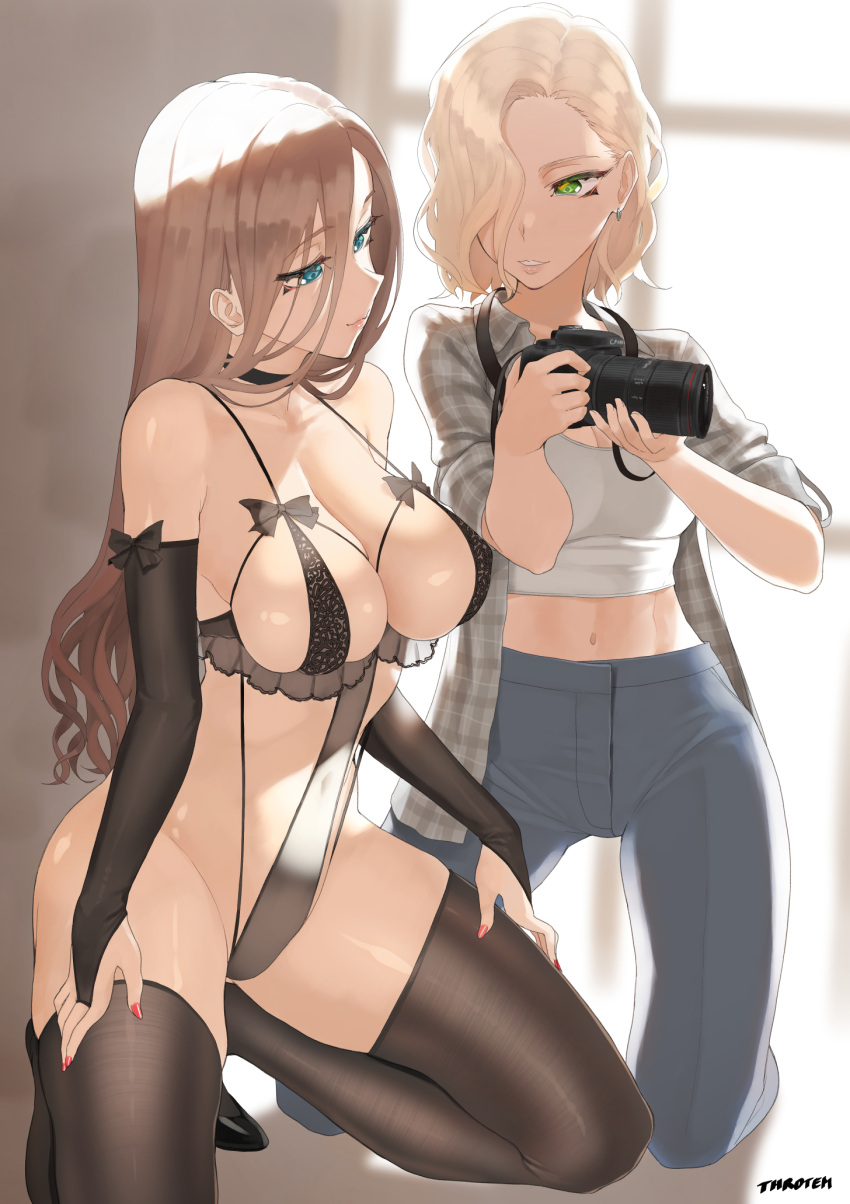 2girls bare_shoulders black_legwear blonde_hair blue_eyes breast_press breasts brown_hair camera cleavage clothing_cutout collar crop_top denim elbow_gloves gloves green_eyes hands_on_hips highres impossible_clothes jeans kneeling large_breasts lingerie looking_at_another multiple_girls nail_polish naughty_face navel navel_cutout original pants parted_lips photographer photography pose ribbon_trim shiny shiny_skin smile spread_legs thighhighs throtem underwear