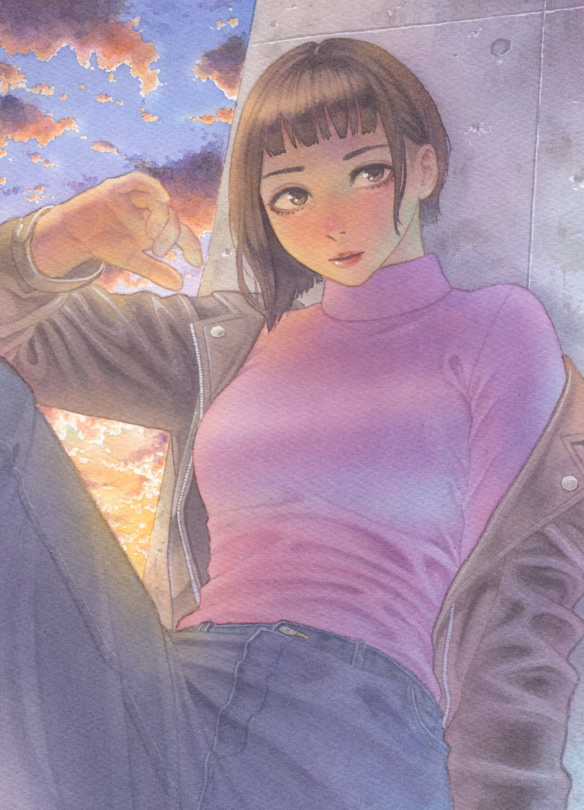 1girl asymmetrical_hair blush breasts brown_eyes brown_hair cloud cloudy_sky denim expressionless highres jacket jacket_partially_removed jeans lips long_sleeves looking_at_viewer makki_(tobaccos) original outdoors pants pink_sweater short_hair sky solo sweater traditional_media turtleneck turtleneck_sweater wrinkles