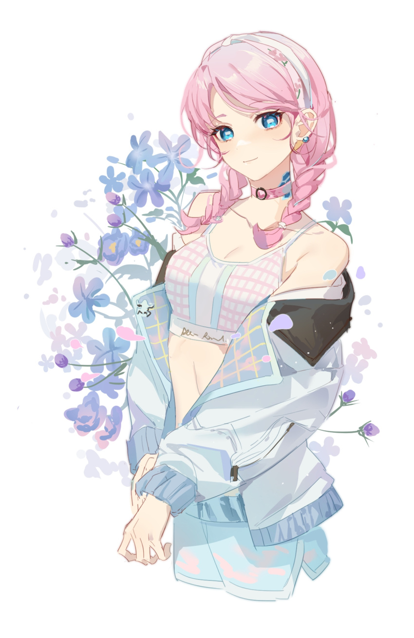 1girl arknights bangs bare_shoulders blue_eyes blue_flower blue_poison_(arknights) blue_poison_(shoal_beat)_(arknights) blue_shorts braid breasts camisole cleavage commentary_request crop_top earrings ershuihe flower hairband highres jacket jewelry long_hair long_sleeves midriff off_shoulder official_alternate_costume open_clothes open_jacket pink_hair shorts simple_background small_breasts solo sports_bra twin_braids white_background