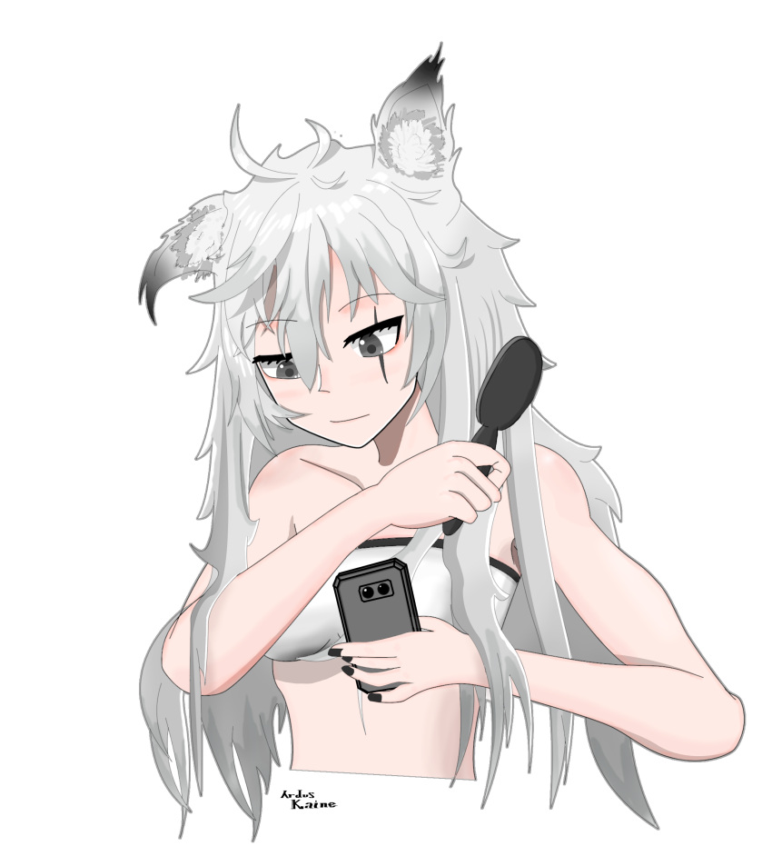 1girl absurdres animal_ears aodesi-kaien arknights bad_arm bandeau bangs bare_arms bare_shoulders black_nails cellphone chinese_commentary commentary_request cropped_torso eyebrows_visible_through_hair grey_eyes highres holding holding_phone lappland_(arknights) long_hair midriff mixed-language_commentary nail_polish phone silver_hair simple_background smartphone solo strapless tubetop upper_body white_background wolf_ears