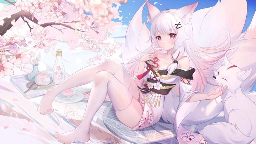 1girl absurdres animal animal_ear_fluff animal_ears bangs bare_shoulders blush breasts cherry_blossoms cleavage commentary_request copyright_request cup drinking_glass eyebrows_visible_through_hair feet floral_print fox fox_ears fox_girl fox_tail full_body hair_ornament hairpin hand_up highres holding holding_cup huge_filesize japanese_clothes kimono legs looking_at_viewer medium_breasts multiple_tails no_shoes off_shoulder plate red_eyes revision sitting solo somna tail thighhighs virtual_youtuber white_hair white_kimono white_legwear x_hair_ornament