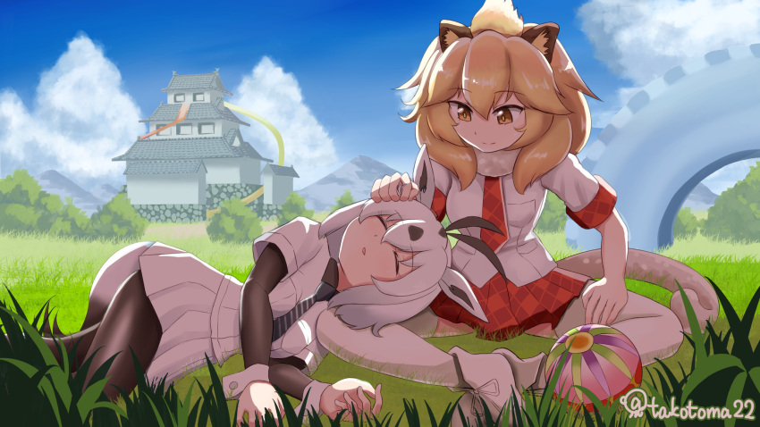 2girls animal_ears antenna_hair arabian_oryx_(kemono_friends) arm_rest backlighting ball bangs big_hair black_hair blonde_hair bodystocking breast_pocket cat_girl closed_eyes closed_mouth commentary_request day eyebrows_visible_through_hair feet_together fur_collar gazelle_ears grass hair_between_eyes hand_on_another's_head hand_rest highres horizon kemono_friends knees_apart_feet_together layered_sleeves lion_(kemono_friends) lion_ears lion_tail long_sleeves lying medium_hair miniskirt mountain mountainous_horizon multicolored_hair multiple_girls on_grass on_ground on_side outdoors peaceful plaid plaid_skirt plaid_sleeves pocket shirt short_over_long_sleeves short_sleeves sitting skirt sky sleeping smile tail takotoma22 thighhighs twitter_username two-tone_hair white_hair yellow_eyes zettai_ryouiki