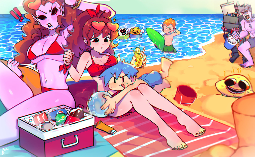 ! !! 2girls 4boys absurdres ball bangs barefoot beach beach_towel benzbt bikini black_sclera blue_hair blush boyfriend_(friday_night_funkin') breasts can chest_hair cleavage colored_sclera colored_skin cooler cup daddy_dearest day english_commentary eyewear_on_head friday_night_funkin' girlfriend_(friday_night_funkin') highres holding innertube large_breasts lipstick long_hair makeup male_swimwear medium_breasts mommy_mearest monster_(friday_night_funkin') multiple_boys multiple_girls nail_polish open_mouth orange_hair outdoors pico_(pico's_school) ponytail pump_(sr_pelo) purple_skin red_bikini red_eyes red_nails shirtless sitting skid_(sr_pelo) sky standing sunglasses sweat swim_trunks swimsuit teeth toenail_polish towel tropical_drink water