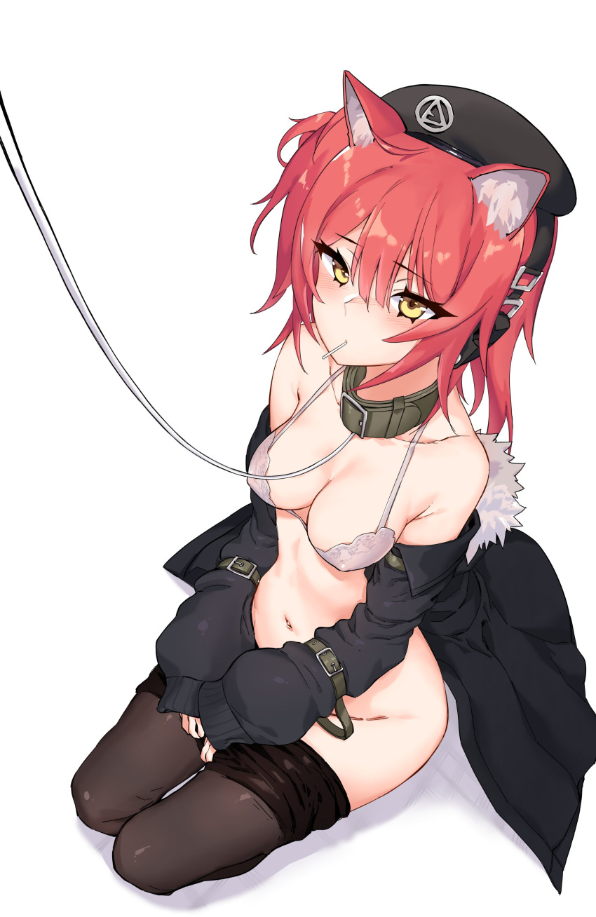 1girl absurdres ahoge animal_collar animal_ear_fluff animal_ears armpit_crease bangs bare_shoulders beret blush bra breasts candy clothes_pull collar collarbone commentary_request commission covered_nipples eyebrows_visible_through_hair food fur-trimmed_jacket fur_trim girls_frontline groin hair_between_eyes halter_top halterneck hat highres jacket kinbakuman lollipop long_sleeves looking_at_viewer medium_breasts medium_hair mp7_(girls_frontline) navel no_panties off_shoulder pantyhose pantyhose_pull red_hair seiza shadow sitting skeb_commission sleeve_garter solo underwear white_background yellow_eyes