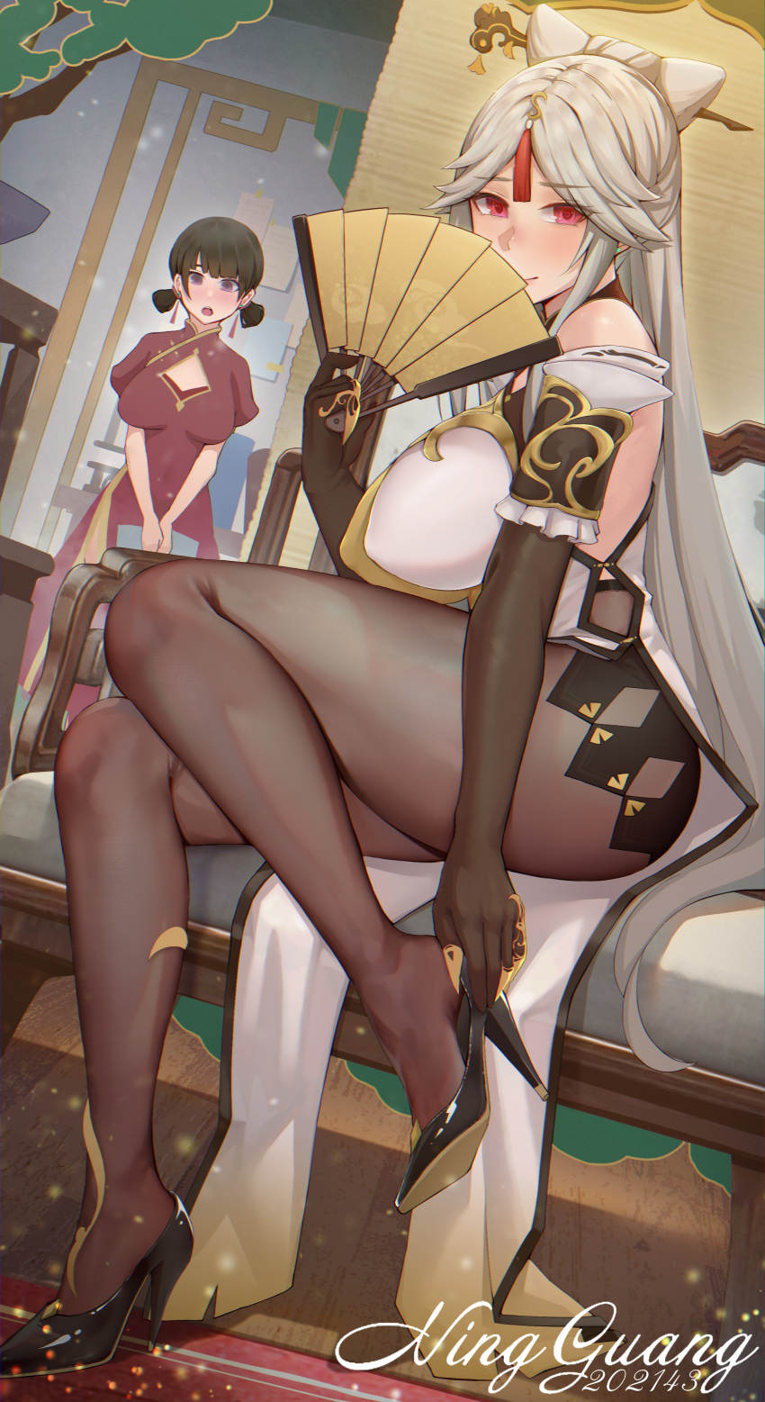 2girls absurdres baixiao_(genshin_impact) bangs bare_shoulders black_gloves breasts brown_legwear character_name china_dress chinese_clothes claw_ring ctrlz77 dress elbow_gloves fan folding_fan fur_collar genshin_impact gloves hair_ornament hairpin high_heels highres large_breasts long_hair looking_at_viewer multiple_girls ningguang_(genshin_impact) pantyhose parted_bangs pelvic_curtain red_eyes side_slit sidelocks smile solo_focus tassel thighs two-tone_dress white_dress white_hair yellow_dress