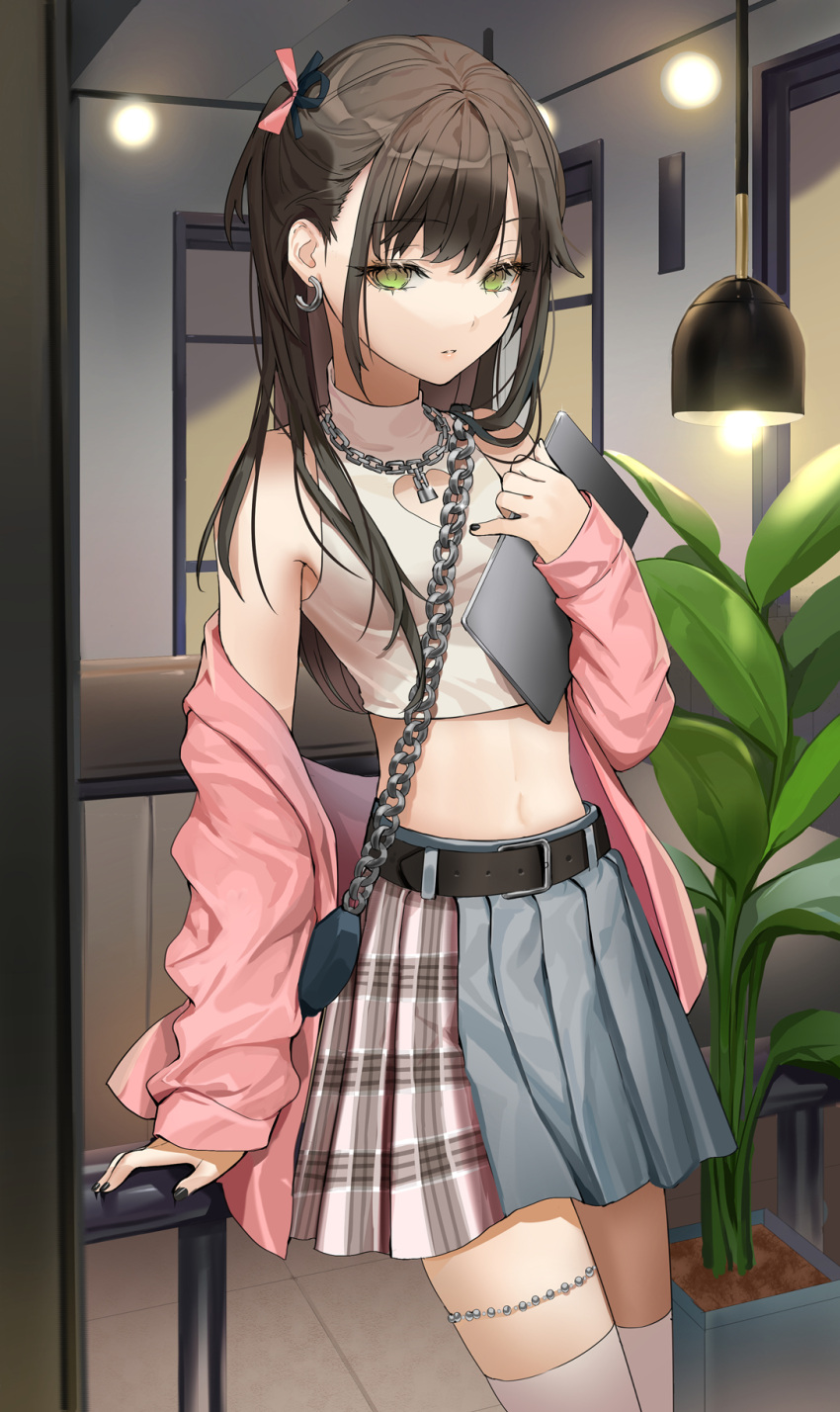 1girl bare_shoulders belt breasts brown_hair chain cleavage_cutout clothing_cutout cowboy_shot crop_top earrings green_eyes hair_ribbon highres holding jacket jewelry lloule long_hair long_sleeves looking_at_viewer midriff miniskirt navel off_shoulder one_side_up open_clothes open_jacket original pink_jacket plaid plaid_skirt pleated_skirt ribbon shirt sidelocks skirt sleeveless sleeveless_shirt small_breasts solo stomach thighhighs white_legwear white_shirt zettai_ryouiki