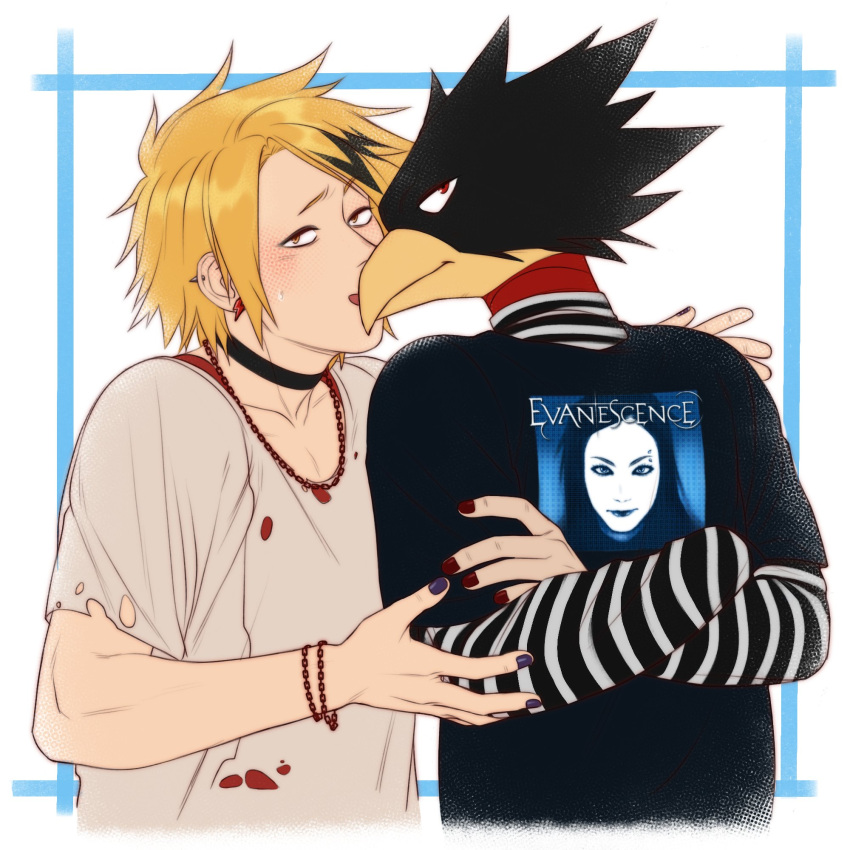 2boys alternate_costume animal_head bangs bird_boy black_choker black_hair black_shirt blonde_hair boku_no_hero_academia bracelet choker collarbone cropped_torso earrings evanescence grey_shirt highres jewelry kaminari_denki long_sleeves looking_at_viewer male_focus multicolored_hair multiple_boys nail_polish necklace open_mouth orange_eyes purple_nails red_eyes red_nails red_shirt riffraffhellyea shirt short_hair smile striped striped_shirt tokoyami_fumikage torn_clothes torn_shirt two-tone_hair yaoi