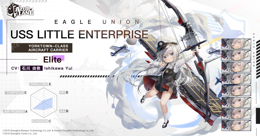 1girl aircraft airplane azur_lane bangs bird black_footwear bow_(weapon) character_name chick child collared_shirt compound_bow copyright_name douya_(233) eagle_union_(emblem) expressions f4f_wildcat flight_deck full_body hat highres kneehighs little_enterprise_(azur_lane) long_hair long_sleeves manjuu_(azur_lane) mary_janes official_art overall_skirt peaked_cap promotional_art rigging sbd_dauntless shirt shoes silver_eyes silver_hair solo very_long_hair weapon white_headwear white_legwear white_shirt younger