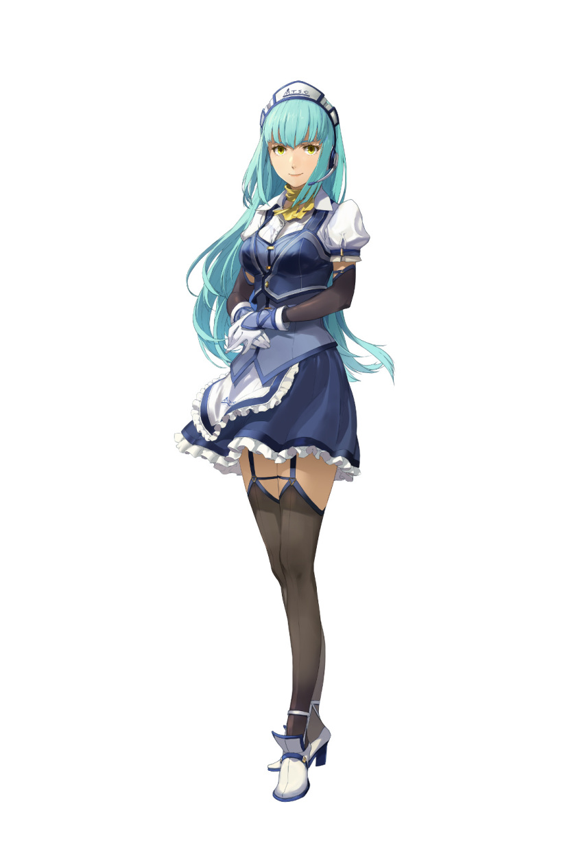 1girl apron black_legwear blue_dress blue_vest breasts closed_mouth collared_shirt dress earpiece eiyuu_densetsu elbow_gloves enami_katsumi eyelashes frilled_dress frills full_body garter_straps gloves hands_together high_heels highres kuro_no_kiseki light_blue_hair lips long_hair looking_at_viewer maid maid_apron maid_headdress medium_breasts official_art puffy_short_sleeves puffy_sleeves risette_twinings shirt shirt_under_dress short_sleeves simple_background smile solo standing straight_hair thighhighs thighs third-party_source vest white_background white_footwear white_gloves white_headwear white_shirt yellow_eyes yellow_neckwear