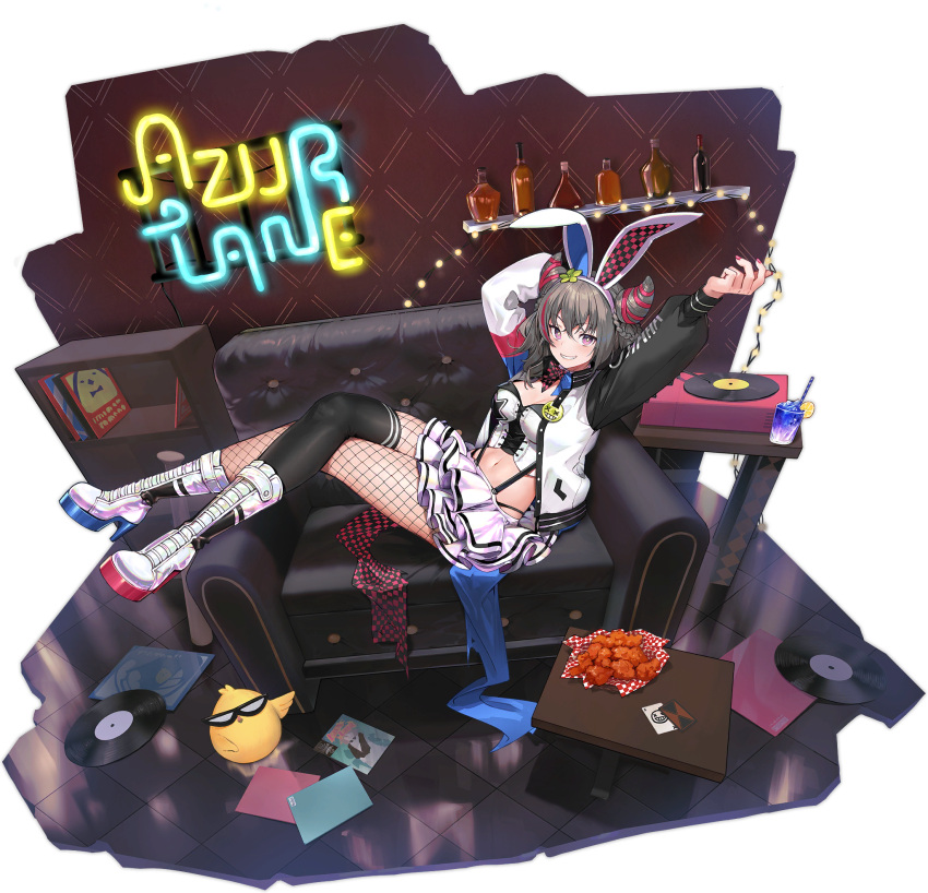 1girl animal_ears arms_up artist_request azur_lane bird black_legwear boots bow bowtie breasts bright_pupils bunny_ears cd chair chick cleavage copyright_name crop_top detached_collar fake_animal_ears fishnet_legwear fishnets grey_hair grin hair_horns hairband highres jacket knee_boots large_breasts long_hair long_sleeves looking_at_viewer manjuu_(azur_lane) midriff miniskirt multicolored_hair nail_polish navel neon_lights official_art open_clothes open_jacket pantyhose pink_eyes puffy_sleeves raglan_sleeves reclining reflective_floor revealing_clothes san_francisco_(azur_lane) san_francisco_(funny_bunny!)_(azur_lane) shelf shirt single_thighhigh sitting_sideways skirt sleeveless sleeveless_shirt smile solo stomach strapless_shirt streaked_hair suspenders table thighhighs tile_floor tiles transparent_background white_footwear white_jacket white_shirt white_skirt