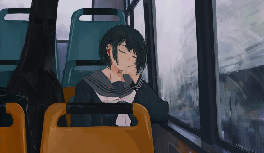 1girl arm_support artist_name bag bangs black_hair black_serafuku bob_cut bus_interior cello_case closed_eyes closed_mouth condensation dated earbuds earphones eyelashes grey_sailor_collar head_rest instrument_case listening_to_music long_sleeves neckerchief original rain sailor_collar school_uniform serafuku short_hair sidelocks signature sitting sleeping solo water_drop white_neckwear xilmo