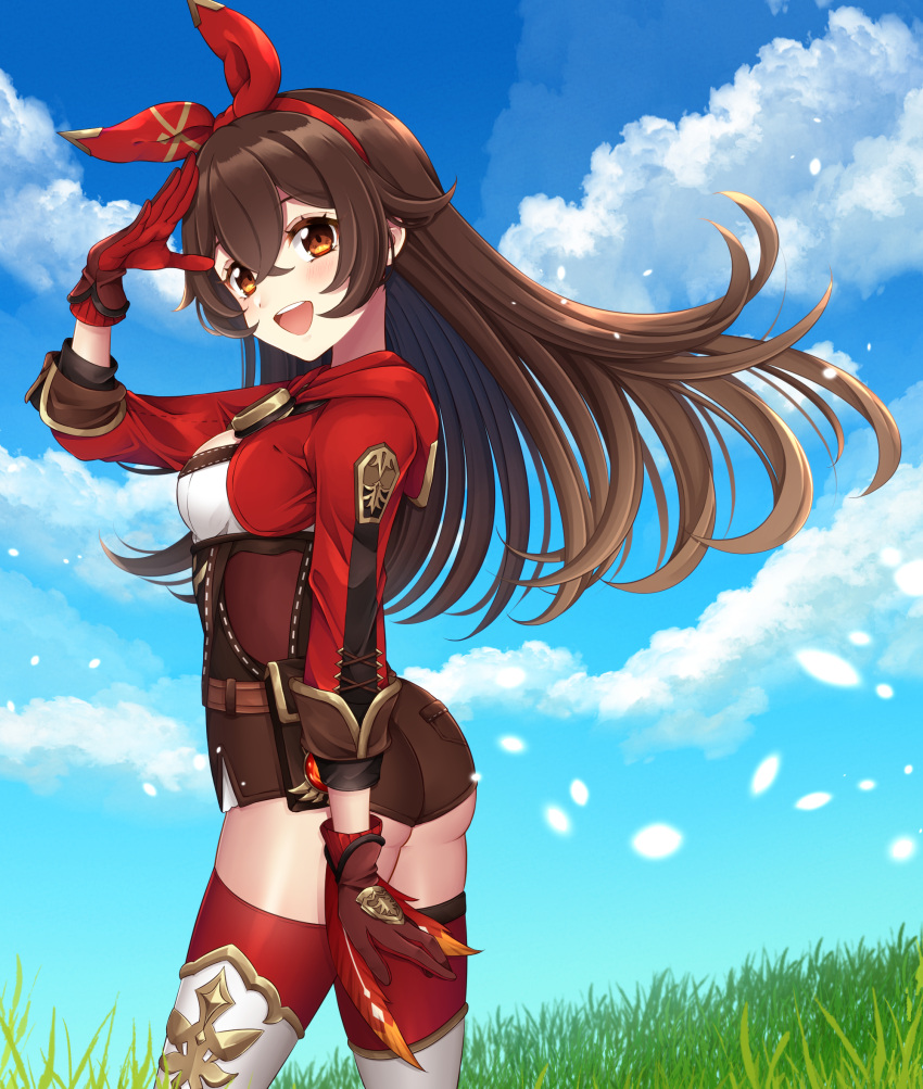 1girl :d amber_(genshin_impact) ass blue_sky breasts brown_gloves brown_hair brown_shorts cloud cloudy_sky cropped_jacket genshin_impact gloves goggles grass highres jacket long_hair long_sleeves looking_at_viewer open_mouth outdoors red_jacket red_ribbon ribbon salute short_shorts shorts sky smile solo sorakase_sawa thighhighs yellow_eyes