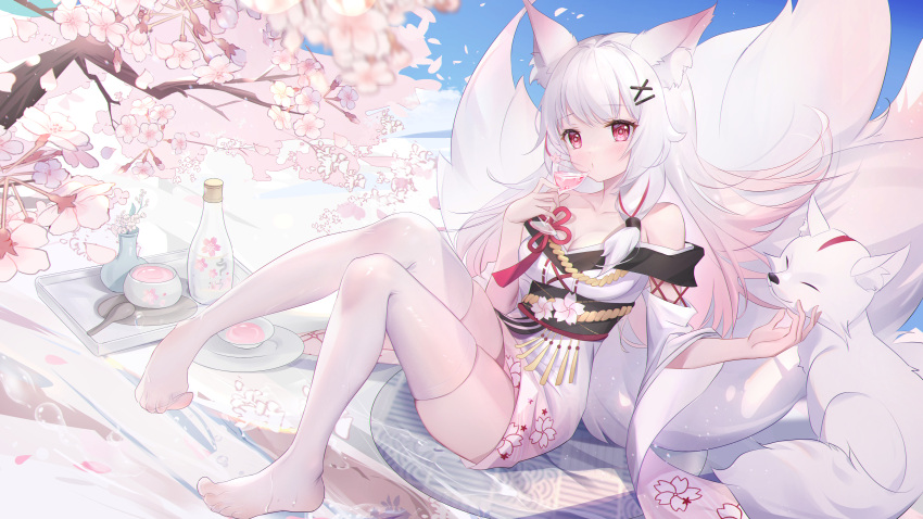 1girl absurdres animal animal_ear_fluff animal_ears bangs bare_shoulders blush breasts cherry_blossoms cleavage commentary_request copyright_request cup drinking_glass eyebrows_visible_through_hair feet floral_print fox fox_ears fox_girl fox_tail full_body hair_ornament hairpin hand_up highres holding holding_cup huge_filesize japanese_clothes kimono legs looking_at_viewer md5_mismatch medium_breasts multiple_tails no_shoes off_shoulder plate red_eyes sitting solo somna tail thighhighs virtual_youtuber white_hair white_kimono white_legwear x_hair_ornament