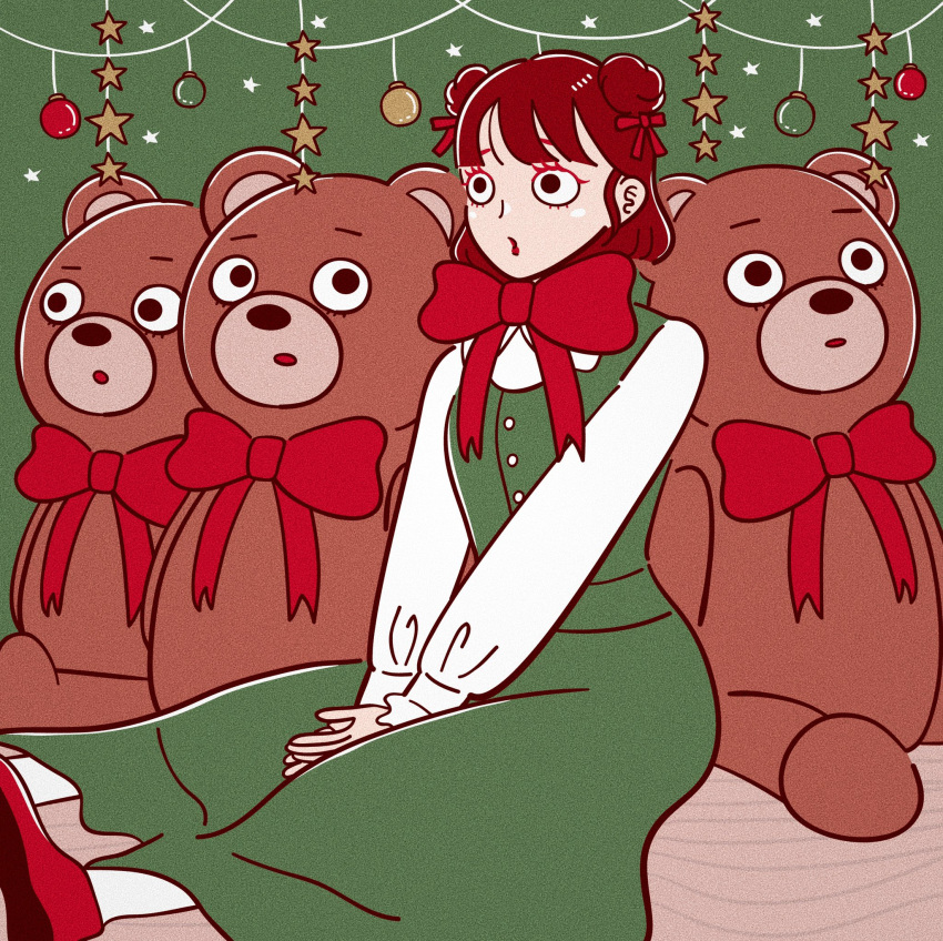 1girl bangs black_eyes bow brown_hair double_bun dress full_body green_dress hair_ribbon highres hoppe_illust long_sleeves open_mouth original red_bow red_footwear red_ribbon ribbon shirt short_hair sitting solo star_(symbol) stuffed_animal stuffed_toy teddy_bear white_legwear white_shirt