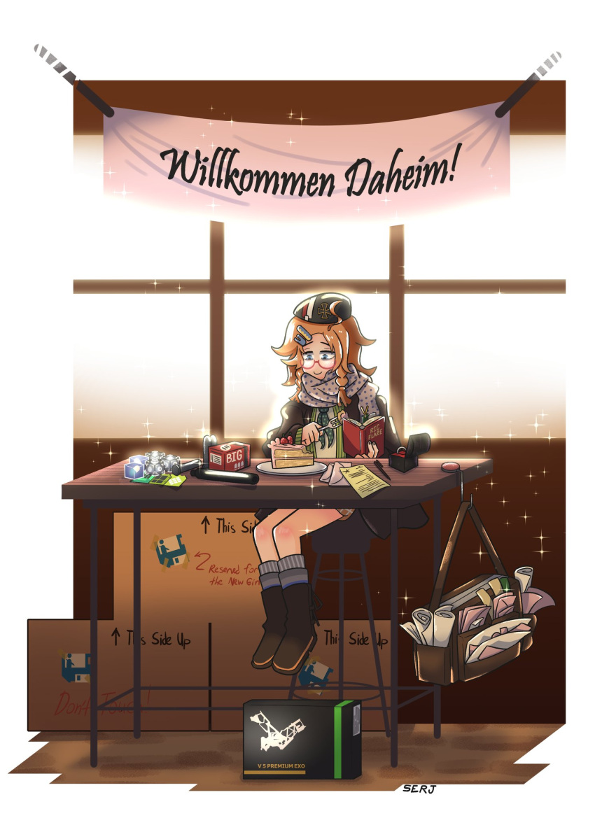 1girl ahoge ammunition artist_name bag banner blue_eyes book boots brown_hair cake cake_slice core_(girls_frontline) english_commentary english_text enhancement_pill_(girls_frontline) envelope floppy_disk food fork german_text girls_frontline glasses hair_ornament hairclip hat highres holding holding_book holding_fork indoors jewelry long_hair paper polka_dot polka_dot_scarf red-framed_eyewear ring ring_box rolled_up_paper satchel scarf semi-rimless_eyewear serjatronic sitting skirt smile solo sparkle stool table training_data_(girls_frontline) translated under-rim_eyewear wedding_ring window wkp_(girls_frontline)