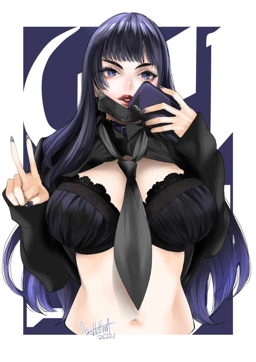 1girl bangs black_bra black_hair bra breasts cellphone final_fantasy final_fantasy_xiv gaia_(ff14) highres large_breasts long_hair mask mask_pull mouth_mask navel necktie ooshima_ryou parted_lips phone purple_eyes purple_hair sleeves_past_wrists smartphone solo underwear v