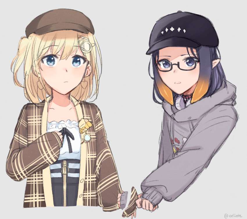 2girls alternate_costume baseball_cap black_headwear black_skirt blue_eyes brown_headwear cropped_torso earrings glasses grey_hoodie hair_ornament hat heart heart_earrings high-waist_skirt highres hololive hololive_english hood hoodie jewelry looking_at_viewer monocle_hair_ornament multiple_girls ninomae_ina'nis official_alternate_costume orinte parted_lips short_sidetail side_ponytail skirt sleeve_tug upper_body virtual_youtuber watson_amelia yuri