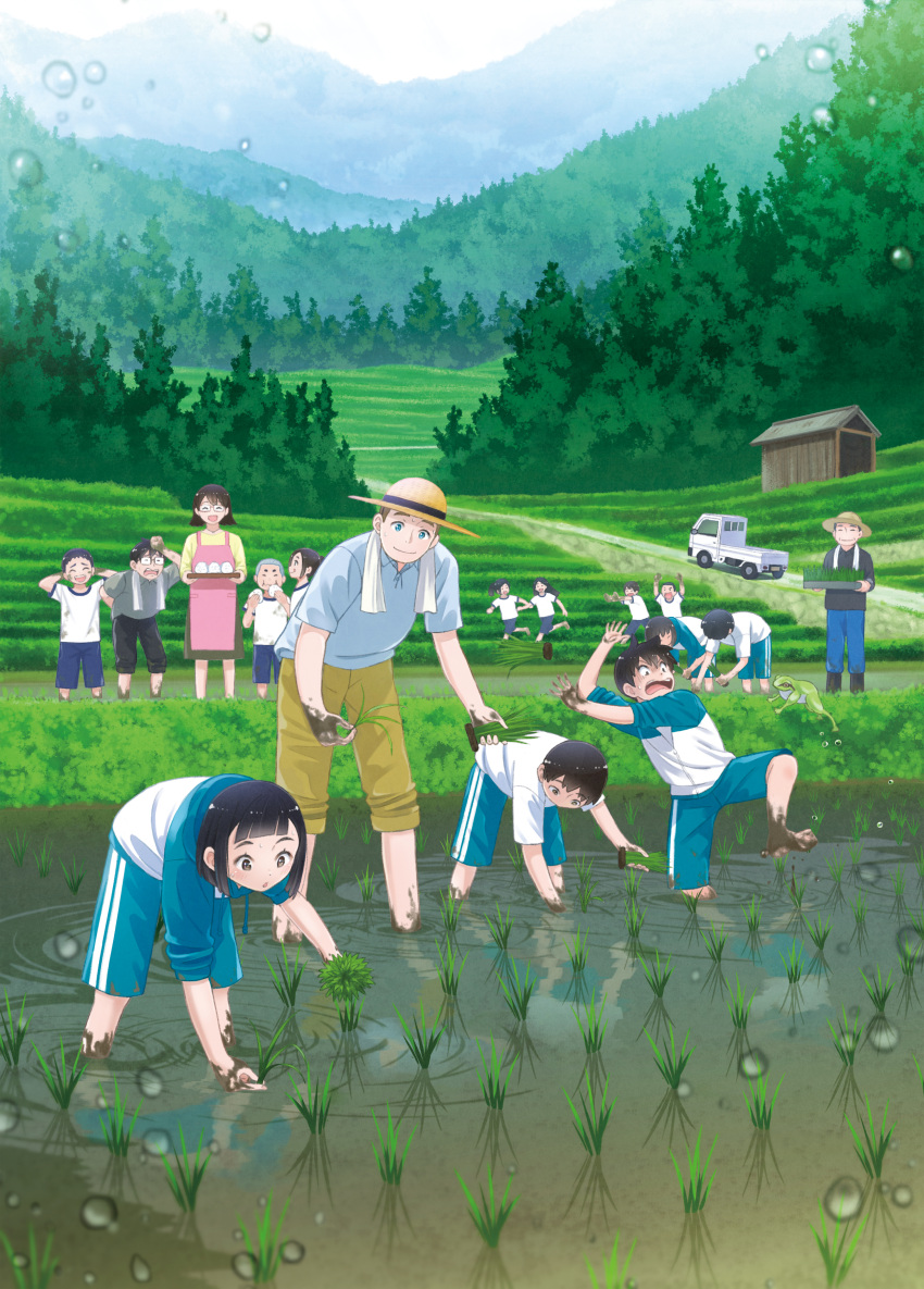 6+boys 6+girls absurdres bangs bent_over black_hair blunt_bangs day dirty dirty_clothes dirty_face food frog glasses grey_hair gym_uniform hat highres long_hair mud multiple_boys multiple_girls onigiri open_mouth original outdoors ponytail rice_paddy rice_planting running short_hair smile standing taka_(tsmix) tree