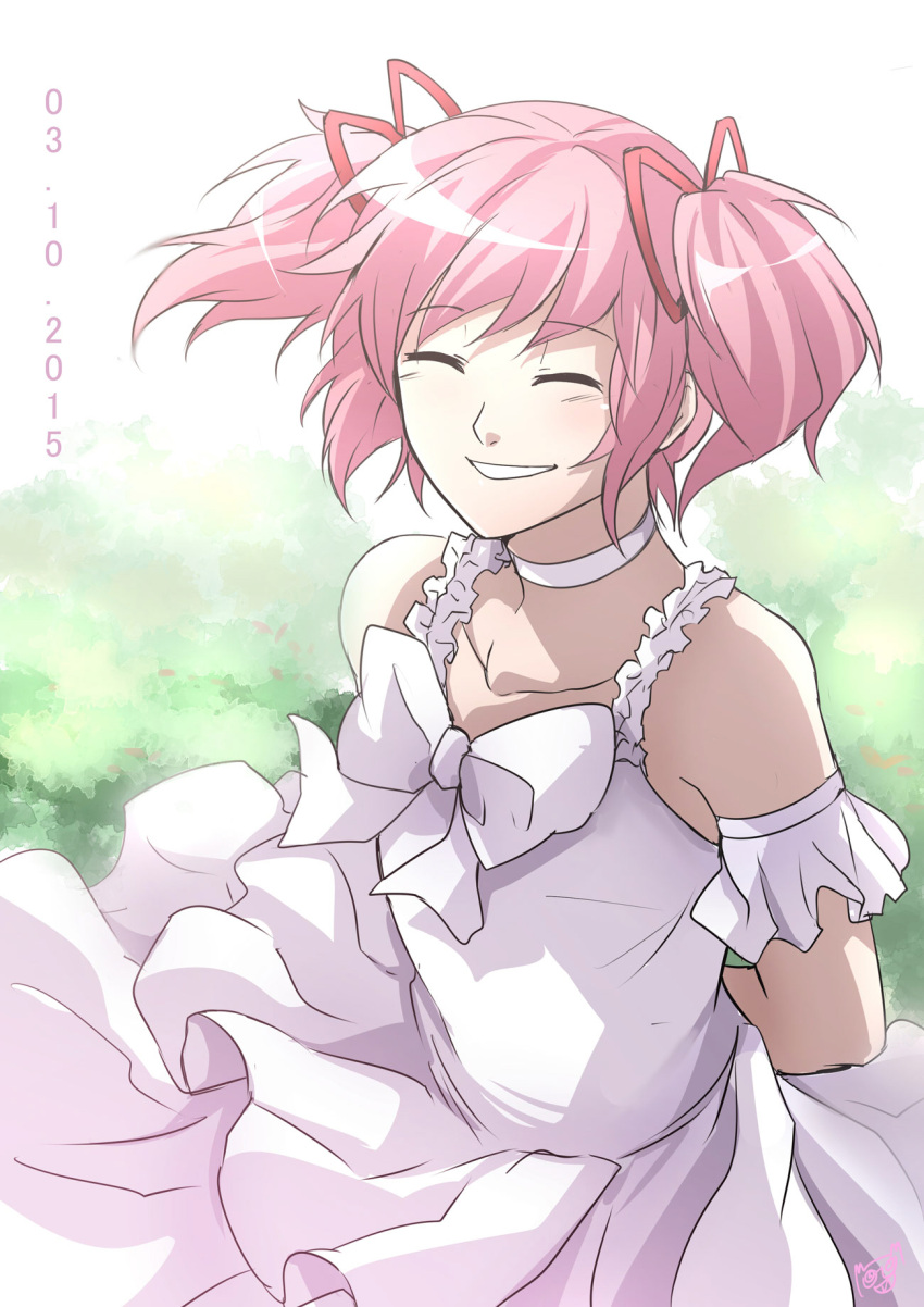 1girl 2015 ^_^ alternate_costume armband arms_behind_back bare_shoulders choker closed_eyes collarbone dated dress eyebrows_visible_through_hair facing_viewer flat_chest frilled_armband frills hair_ribbon happy highres kago-tan kaname_madoka layered_dress light_blush luminous_(madoka_magica) mahou_shoujo_madoka_magica mahou_shoujo_madoka_magica_movie pink_hair red_ribbon ribbon shiny shiny_hair short_twintails sleeveless sleeveless_dress smile solo teeth twintails upper_body white_choker white_dress white_ribbon