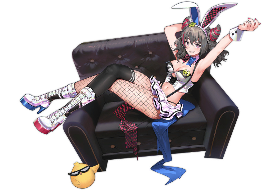 1girl animal_ears armpits arms_up artist_request azur_lane bare_arms bare_shoulders bird black_legwear boots bow bowtie breasts bright_pupils bunny_ears chair chick cleavage crop_top detached_collar fake_animal_ears fishnet_legwear fishnets grey_hair grin hair_horns hairband highres knee_boots large_breasts long_hair looking_at_viewer manjuu_(azur_lane) midriff miniskirt multicolored_hair nail_polish navel official_art pantyhose pink_eyes reclining revealing_clothes san_francisco_(azur_lane) san_francisco_(funny_bunny!)_(azur_lane) shirt single_thighhigh sitting_sideways skirt sleeveless sleeveless_shirt smile solo stomach strapless_shirt streaked_hair suspenders thighhighs transparent_background white_footwear white_shirt white_skirt wrist_cuffs